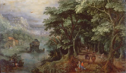 Landschaft mit Figuren in einer Allee, um 1595